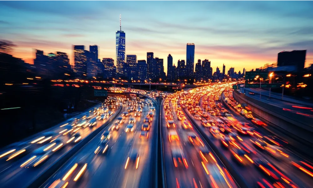 Highway at night with motion blur lights